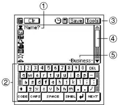 ① Clr Save Tools Name? -Business- ② 1 2 3 4 5 6 7 8 9 0 DEL q w e r t y u i o p - a s d f g h j k l ; + z x o v b n m , . / CODE CAPS SPACE SMBL NEXT ③ ④ ⑤