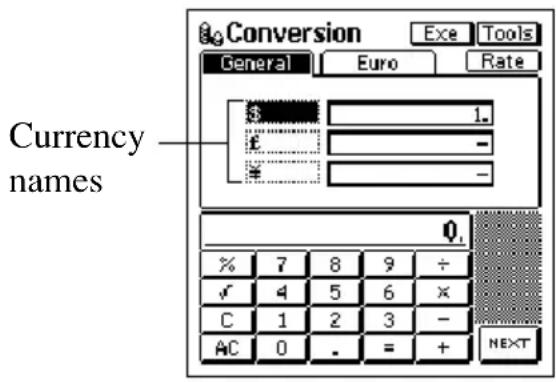 Currency names Conversion Exe Tools General Euro Rate 1. - - 0. % 7 8 9 ÷ √ 4 5 6 × C 1 2 3 - AC 0 . = + NEXT