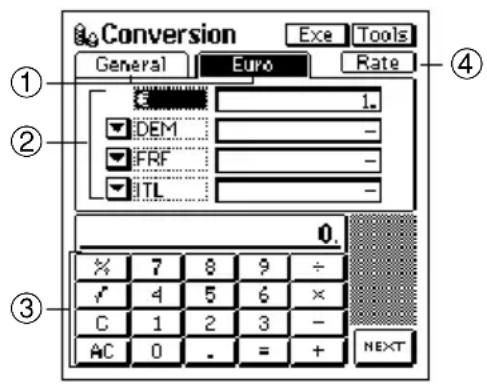 Conversion Exe Tools General Euro Rate ① 1. ② DEM - ③ C 1 2 3 - AC 0 . = + NEXT