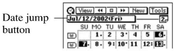 Date jump button View ↔ □ >> New Tools Jul/12/2002(Fri) SU MO TU WE TH FR SA W 1. 2 3. 4 5 6. W 7. 8. 9: 10. 11 12: 13.