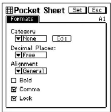 Pocket Sheet Set Esc Formats A1 Category None S: Decimal Places: Free Alignment General Bold Comma Lock