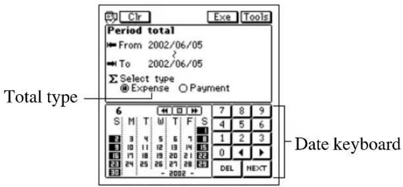 Period total From 2002/06/05 To 2002/06/05 Select type Expense Payment Total type 6 M T W T F S 4 5 6 1 2 3 0 DEL NEXT Date keyboard
