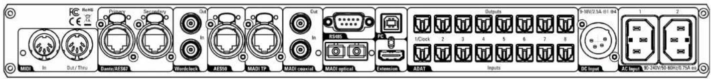 RoHS Primary Secondary Out In MIDI In Out/Thru Dante/AES67 Wardclock AES90 MADI TP MADI coaxial MADI optical Extension ADAT Inputs 9-18V/2.5A @1 B4 1 2 1/Clock 2 3 4 5 6 7 8 DC Input AC Input 05-240V/50-60Hz/0.75A ex