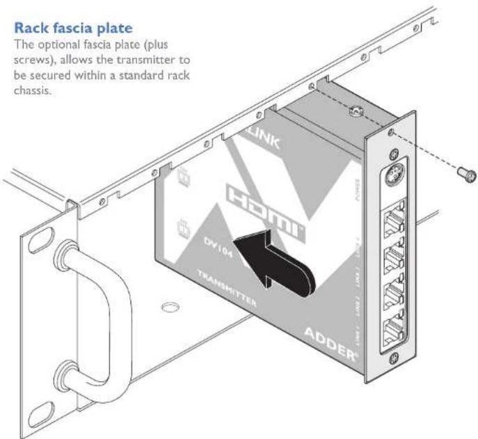 Rack fascia plate The optional fascia plate (plus screws), allows the transmitter to be secured within a standard rack chassis.