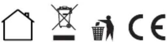 Image displaying four symbols: a house outline, a crossed-out bin with a 'X' symbol, a person placing a trash into a bin, and a partial 'CE' text.