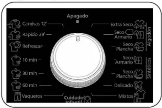 Apagado Camisas 12' Rápido 29' Refrescar- 10 min - 30 min - 60 min - Vaqueros Extra Seco Seco Armario Seco Plancha Seco Armario Seco Plancha Delicado Mixtos Cuidado Infantil Sintéticos Algodón