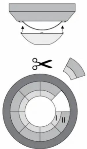 Diagram illustrating a mechanical or architectural component with labeled sections I and II, including a cutting tool and a separate circular diagram.