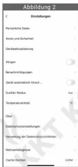 Abbildung 2 Einstellungen Persönliche Daten Konto und Sicherheit Gerätekwalserung Kögen Berechnichtigungen Gerd automatisch hinzuf... Dunkter Medus Aus Temperaturinheit Über Datenschutzsetstellungen Verwaltung der Datenschutzsichtstätten Netzwerkdiagnisse Cache rischen 100M