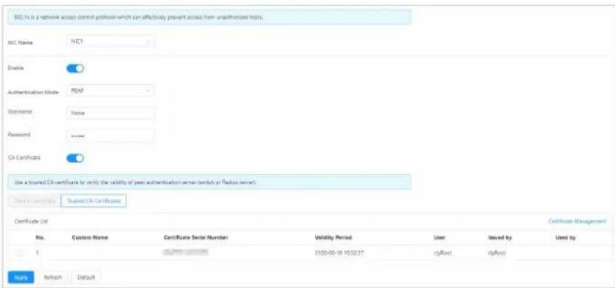 MCL is a network access control protocol which can effectively prevent access from unauthorized tests. MC Name: NC1 Enable Authentication Mode: POP SystemName: None Password: **** CA Certificates Use a trusted CA certificate to verify the validity of peer authentication server (switch or Radius server). Cancel Authority: Select CA Certificates Certificate List No. Custom Name Certificate Serial Number Validity Period User Issued by Used by 1 2020-08-18 10:32:37 cyRoot cyRoot Reply Refresh Default