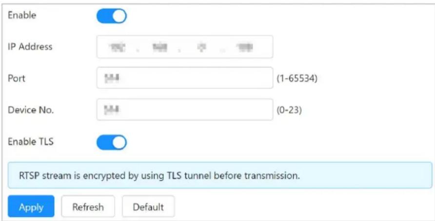 Enable IP Address Port (1-65534) Device No. (0-23) Enable TLS RTSP stream is encrypted by using TLS tunnel before transmission. Apply Refresh Default