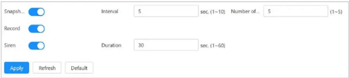 Snapsh... Record Siren Interval 5 sec. (1~10) Number of... 5 (1~5) Duration 30 sec. (1~60) Apply Refresh Default
