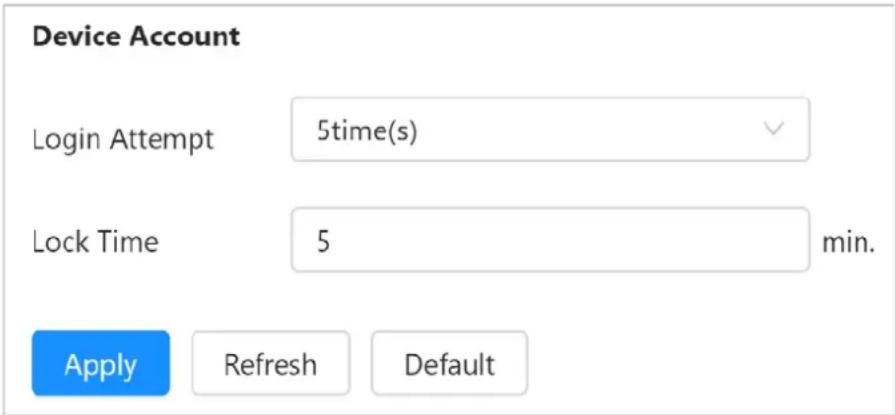 Device Account Login Attempt 5time(s) Lock Time 5 min. Apply Refresh Default