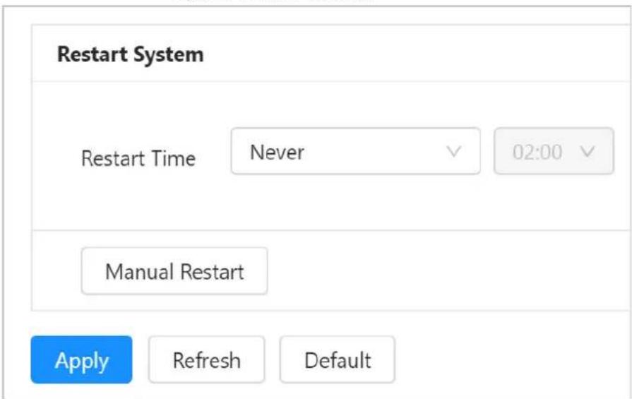 Restart System Restart Time Never 02:00 Manual Restart Apply Refresh Default