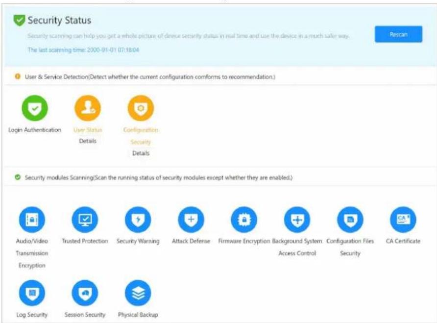 Security Status Security scanning can help you get a whole picture of device security status in real time and use the device in a much safer way. The last scanning time: 2000-01-01 07:18:04 User & Service Detection(Detect whether the current configuration conforms to recommendation.) Login Authentication User Status Details Configuration Security Details Security modules Scanning(Scan the running status of security modules except whether they are enabled.) Audio/Video Transmission Encryption Trusted Protection Security Warning Attack Defense Firmware Encryption Background System Access Control Configuration Files Security CA Certificate Log Security Session Security Physical Backup