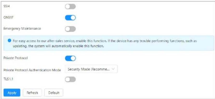 SSH ONVIF Emergency Maintenance For easy access to our after-sales service, enable this function. If the device has any trouble performing functions, such as updating, the system will automatically enable this function. Private Protocol Private Protocol Authentication Mode Security Mode (Recommen... TLS1.1 Apply Refresh Default