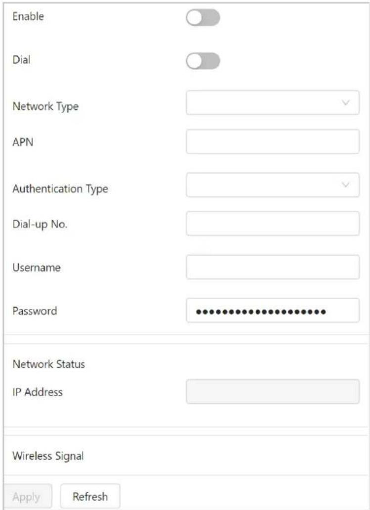 Enable Dial Network Type APN Authentication Type Dial-up No. Username Password Network Status IP Address Wireless Signal Apply Refresh