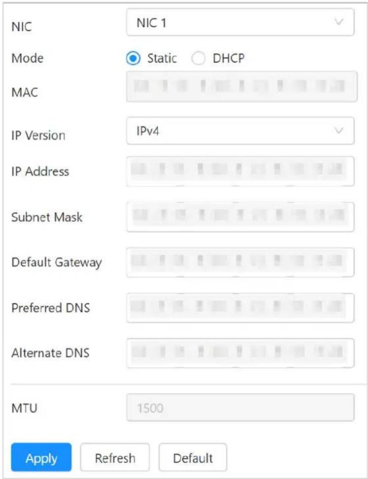 NIC NIC 1 Mode Static DHCP MAC IP Version IPv4 IP Address Subnet Mask Default Gateway Preferred DNS Alternate DNS MTU 1500 Apply Refresh Default