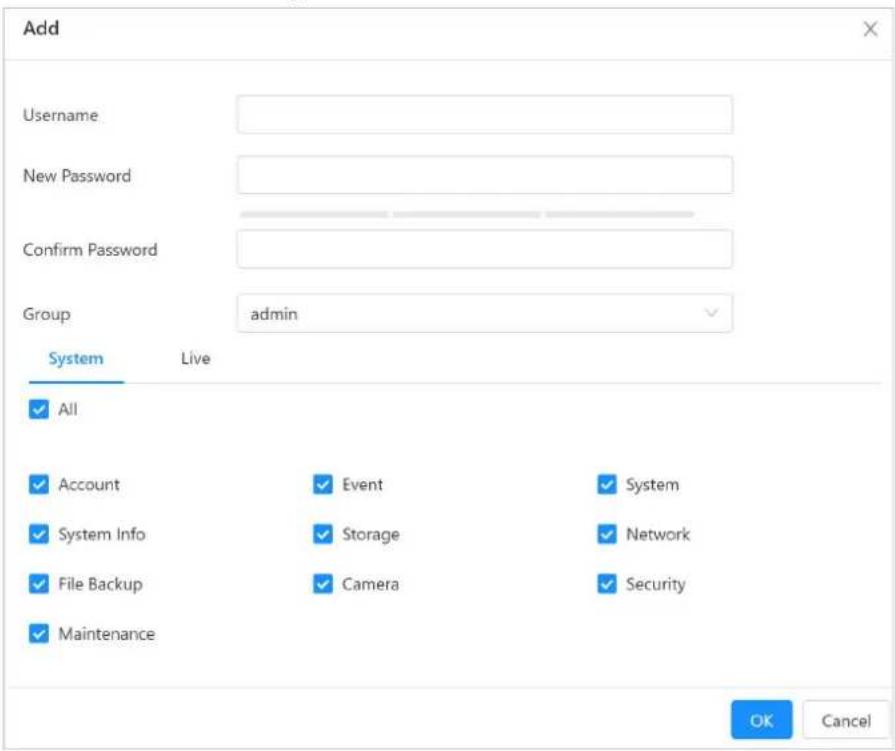 Add Username New Password Confirm Password Group admin System Live ✓ All ✓ Account Event System ✓ System Info Storage Network ✓ File Backup Camera Security ✓ Maintenance OK Cancel