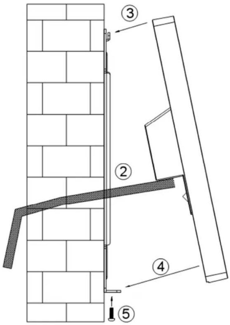 Technical diagram showing a structural assembly with numbered components, including a brick wall and a panel with labeled parts 2, 3, 4, and 5.