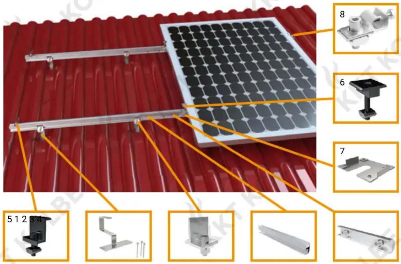 Technical diagram of a solar panel installation with numbered components and labeled parts