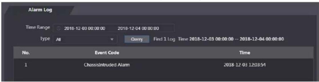 Alarm Log Time Range 2018-12-03 00:00:00 2018-12-04 00:00:00 Type All Query Find 1 Log Time 2018-12-03 00:00:00 -- 2018-12-04 00:00:00 No. Event Code Time 1 ChassisIntruded Alarm 2018-12-03 12:03:54