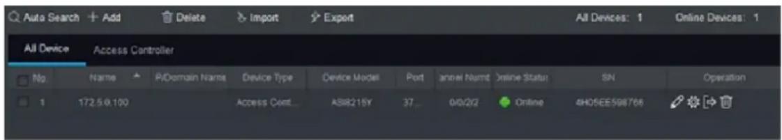Auto Search + Add Delete Import Export All Devices: 1 Online Devices: 1 All Device Access Controller No Name P/Domain Names Device Type Device Model Port channel Nurnt Online Status SIN Operation 1 172.5.0.100 Access Cont... ASIR21SY 37 0/0/2/2 Online 4H05EE598766