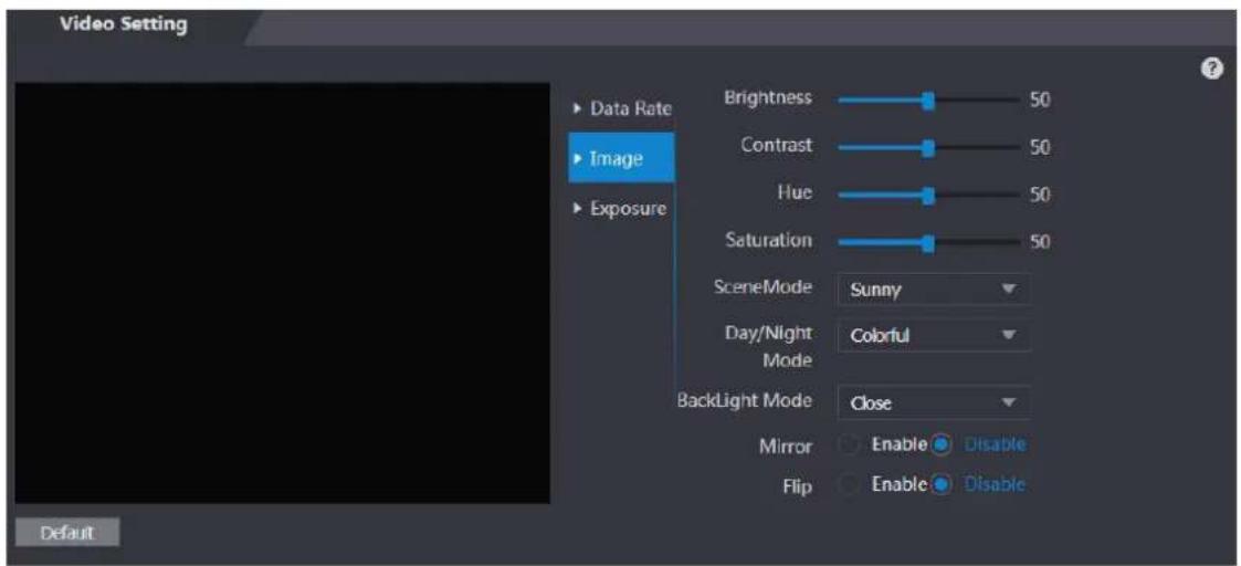 Video Setting Data Rate Image Exposure Brightness 50 Contrast 50 Hue 50 Saturation 50 SceneMode Sunny Day/Night Colorful Mode BackLight Mode Close Mirror Enable Disable Flip Enable Disable Default