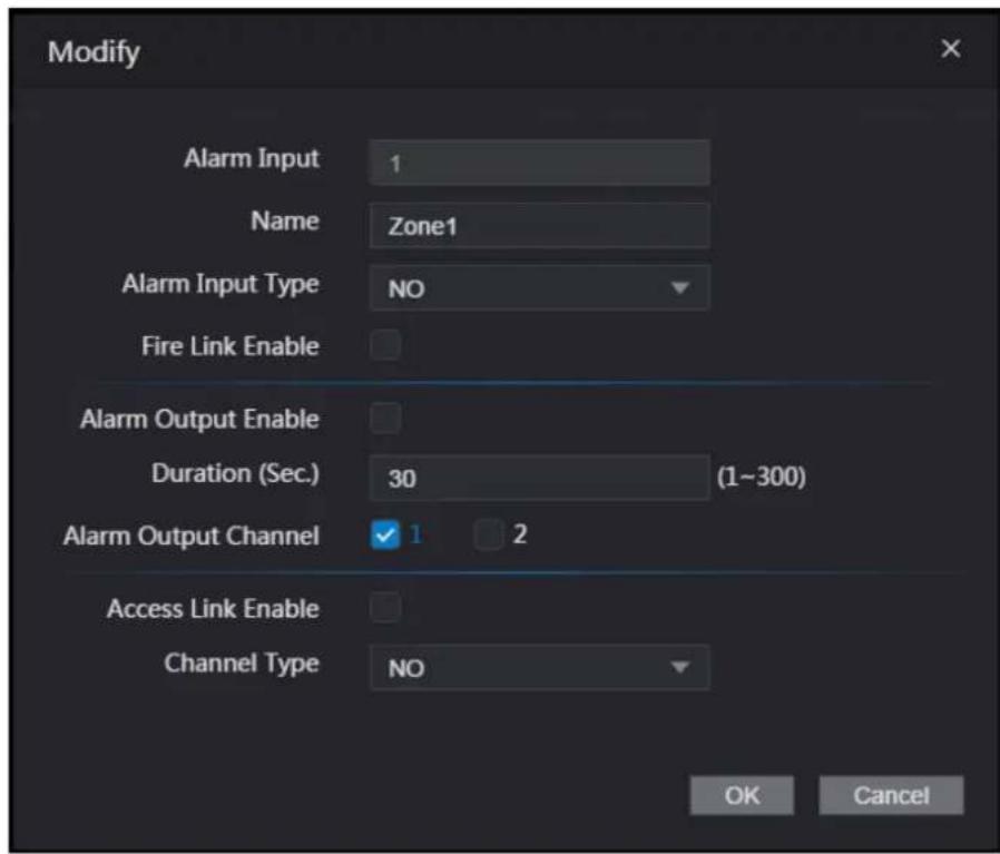 Modify Alarm Input 1 Name Zone1 Alarm Input Type NO Fire Link Enable Alarm Output Enable Duration (Sec.) 30 (1~300) Alarm Output Channel ✓ 1 2 Access Link Enable Channel Type NO OK Cancel