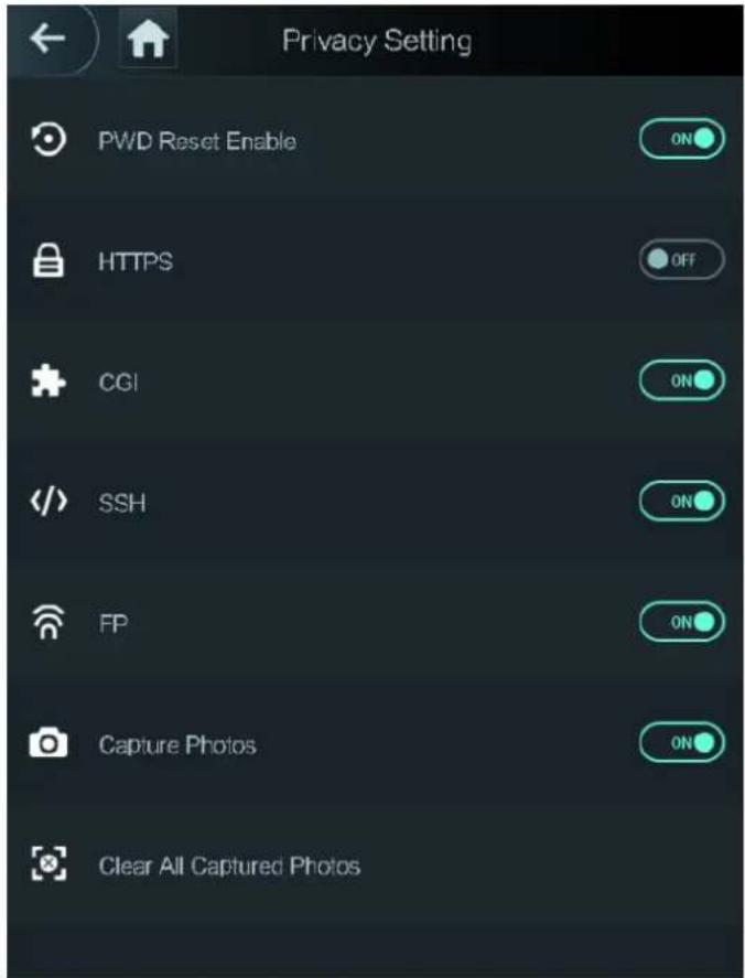 Privacy Setting PWD Reset Enable HTTPS CGI SSH FP Capture Photos Clear All Captured Photos