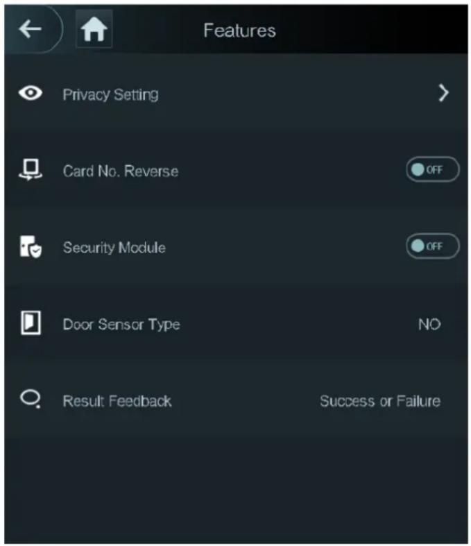Features Privacy Setting Card No. Reverse Security Module Door Sensor Type Result Feedback Success or Failure