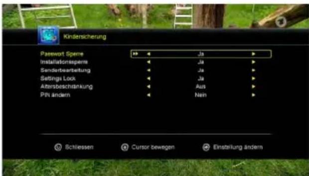 Kindensicherung Password Spere Installationspenses Senderbearbeitung Settings Lock Altensbeschränkung PIN ändern Ja Ja Ja Aus Nen Schleessen Cursor bewegen Einstellung ändern