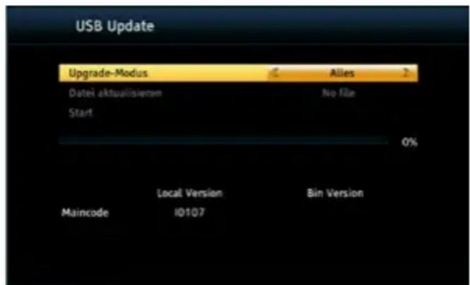 USB Update Upgrade-Modus © Alles 2 Datei aktualisieren No file Start 0% Maincode Local Version Bin Version ID107