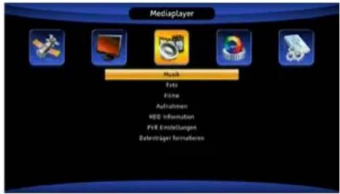 Mediaplayer Music Foto Film Aufnahmen WED Informationen PVR Einstellungen Datenträger Formnieren