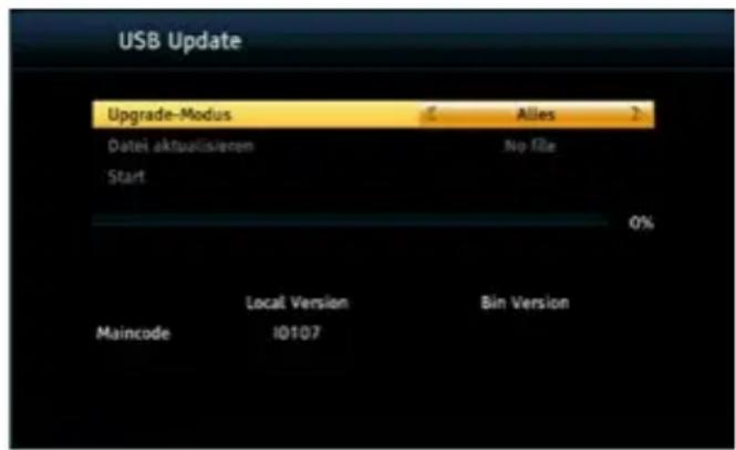 USB Update Upgrade-Modus © Allies ? Datei aktualisieren No file Start 0% Maincode Local Version Bin Version 10107