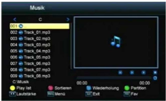 Musik 001 002 Track_01.mp3 003 Track_02.mp3 004 Track_03.mp3 005 Track_04.mp3 006 Track_05.mp3 007 Track_06.mp3 008 Track_07.mp3 009 Track_08.mp3 C:\Music Play list Sortieren Wiederholung Partition Lautstärke Menu Exit Fav