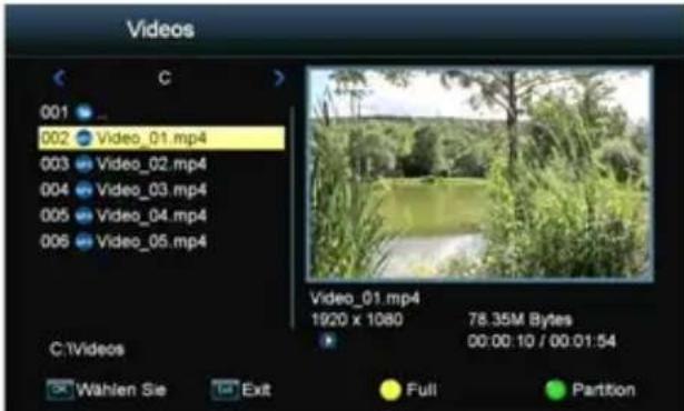 Videos 001 ... 002 Video_01.mp4 003 Video_02.mp4 004 Video_03.mp4 005 Video_04.mp4 006 Video_05.mp4 C:\Videos Video_01.mp4 1920 x 1080 78.35M Bytes 00:00:10 / 00:01:54 Wahlen Sie Exit Full Partition