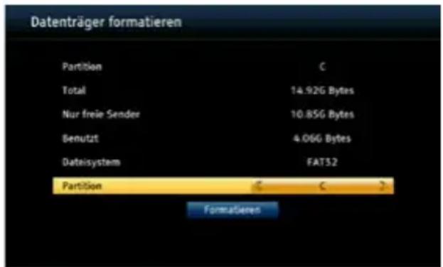 Datenträger formatieren Partition C Total 14.92G Bytes Nur freie Sender 10.85G Bytes Benutzt 4.06G Bytes Dataisystem FAT32 Partition C 3 Formatieren