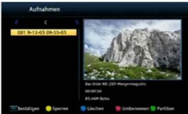 Aufnahmen C 001 9-12-03 09-55-03 Das Ende KG (ZDF-Margenmagärin) 00:00:50 85.46M Bytes Bestätigen Spernen Lüschen Umbenennen Partition
