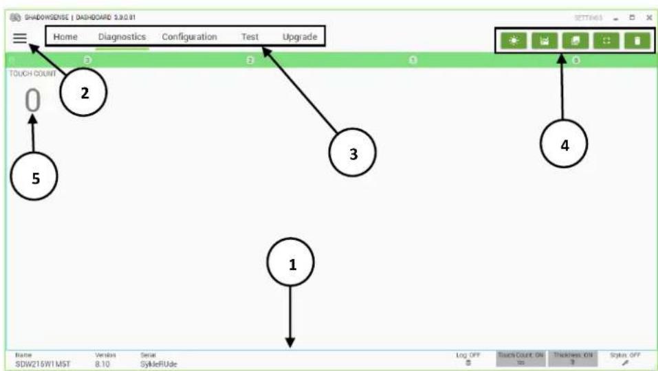 SHADOWSENSE | DASHBOARD 5.0.0.01 Home Diagnostics Configuration Test Upgrade TOUCH COUNT 2 3 4 1 5 Name Version Serial Log OFF TouchCOUNT ON Thickness ON Status OFF SDW215W1 MST 8.10 StyleRUde