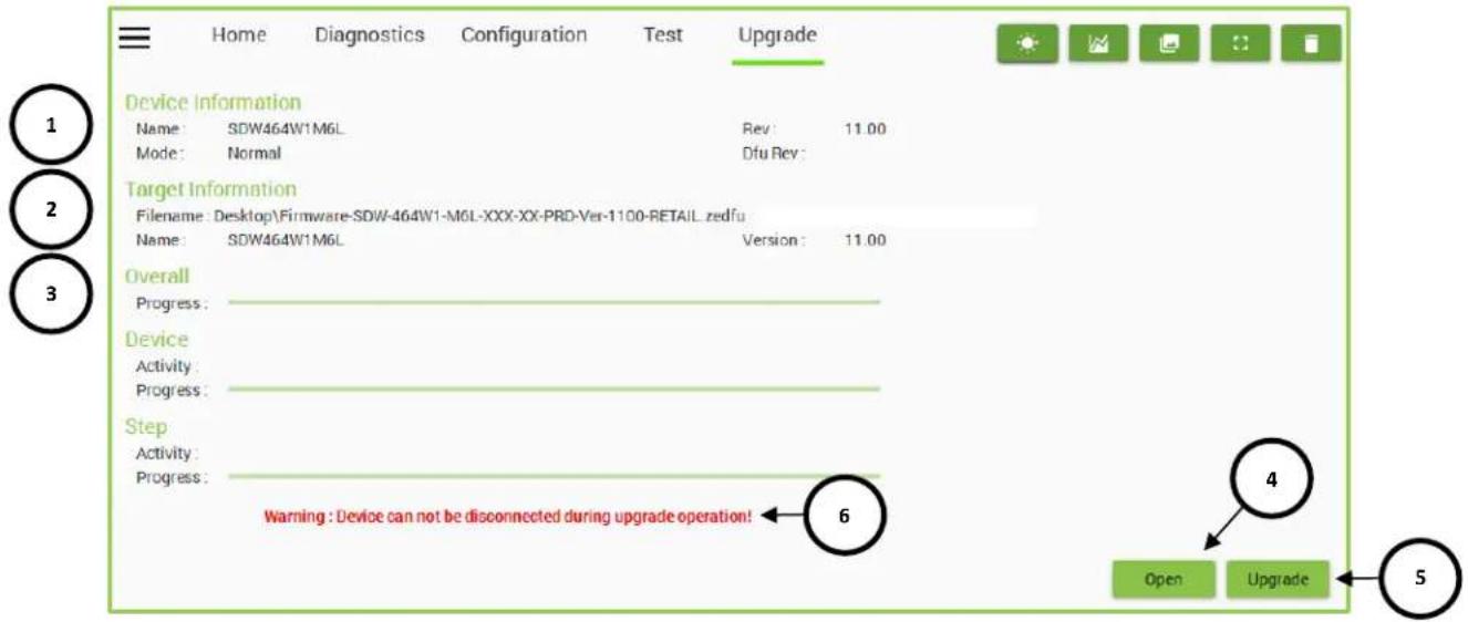 Home Diagnostics Configuration Test Upgrade Device Information Name: SDW464W1M6L Rev: 11.00 Mode: Normal Dfu Rev: Target Information Filename: Desktop\Firmware-SDW-464W1-M6L-XXX-XX-PRO-Ver-1100-RETAIL_zedfu Name: SDW464W1M6L Version: 11.00 Overall Progress: Device Activity: Progress: Step Activity: Progress: Warning : Device can not be disconnected during upgrade operation! 6 4 Open Upgrade 5
