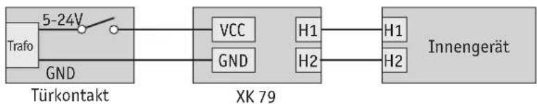 graph LR A["Turkontakt"] --> B["5-24V"] B --> C["GND"] C --> D["VCC"] C --> E["GND"] D --> F["H1"] E --> G["H2"] F --> H["Innengerät"] G --> H