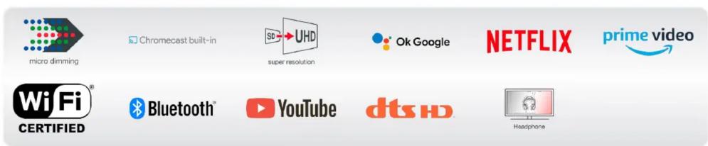 micro dimming Chromecast built-in super resolution Ok Google NETFLIX prime video WiFi® CERTIFIED Bluetooth® YouTube dts HD Headphone