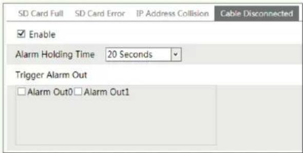 SD Card Full SD Card Error IP Address Collision Cable Disconnected Enable Alarm Holding Time 20 Seconds Trigger Alarm Out □ Alarm Out0 □ Alarm Out1