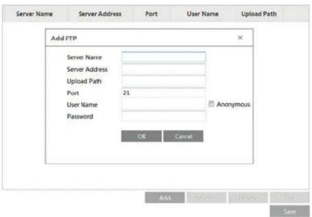Server Name Server Address Port User Name Password Add FTP Server Name Server Address Upload Path Port 21 Anonymous OK Cancel Add Save