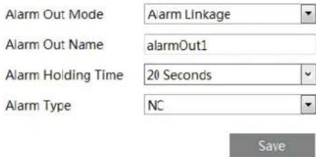 Alarm Out Mode Alarm Linkage Alarm Out Name alarmOut1 Alarm Holding Time 20 Seconds Alarm Type NC Save
