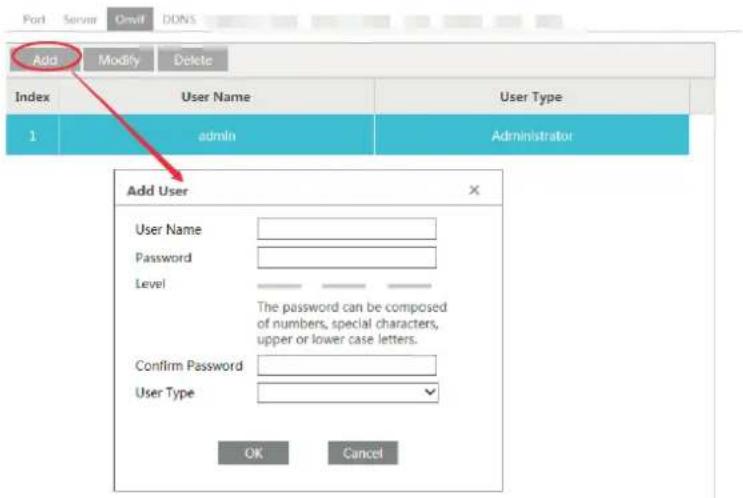 Port Server Onif DONS Add Modify Delete Index User Name User Type 1 admin Administrator Add User User Name Password Level The password can be composed of numbers, special characters, upper or lower case letters. Confirm Password User Type OK Cancel