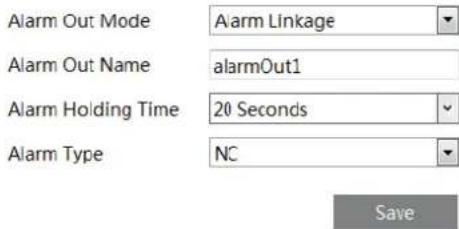 Alarm Out Mode Alarm Linkage Alarm Out Name alarmOut1 Alarm Holding Time 20 Seconds Alarm Type NC Save