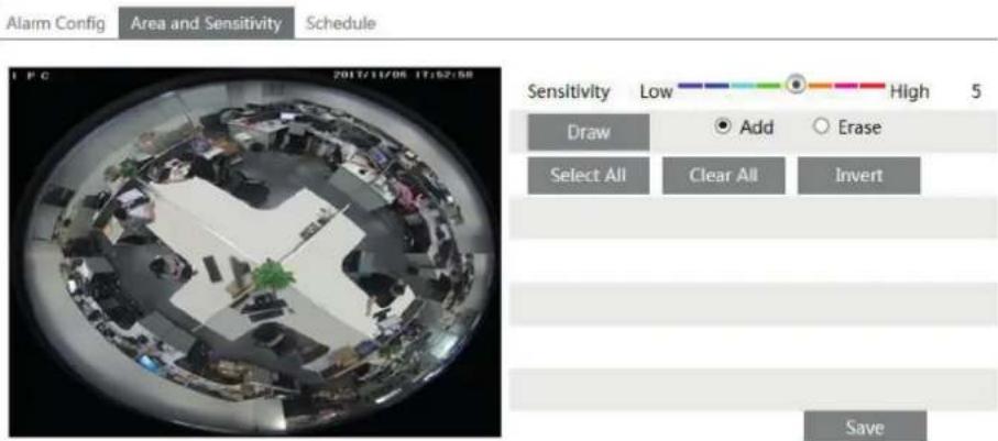 Alarm Config Area and Sensitivity Schedule Sensitivity Low High 5 Draw Add Erase Select All Clear All Invert Save