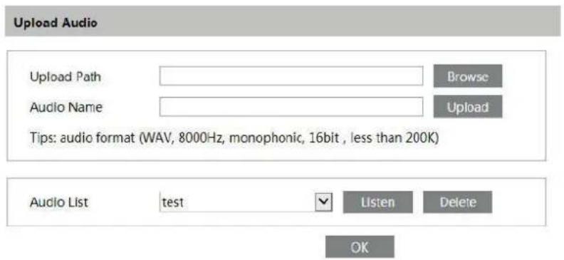 Upload Audio Upload Path Audio Name Browse Upload Tips: audio format (WAV, 8000Hz, monophonic, 16bit , less than 200K) Audio List test Listen Delete OK