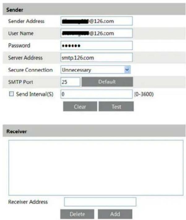Sender Sender Address @126.com User Name @126.com Password •••••• Server Address smtp.126.com Secure Connection Unnecessary SMTP Port 25 Default Send Interval(S) 0 (0-3600) Clear Test Receiver Receiver Address Delete Add